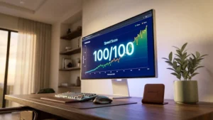A sleek, minimalist server dashboard glowing on a professional’s desk, representing high-performance website hosting