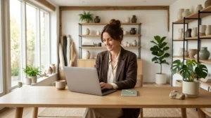 A small business owner in a modern office looking at a laptop showing a fast-loading WordPress website.
