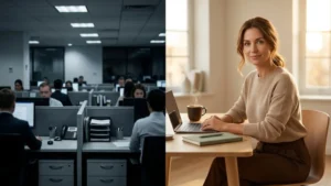 A visual contrast between a chaotic corporate agency office and a focused, intentional independent web design specialist's workspace.
