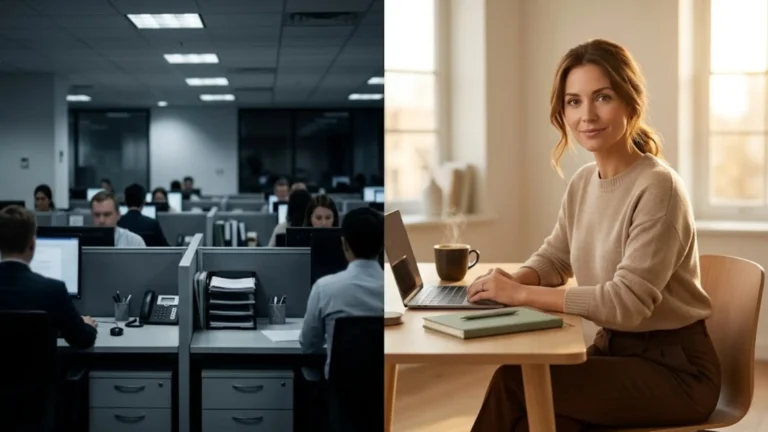 A visual contrast between a chaotic corporate agency office and a focused, intentional independent web design specialist's workspace.