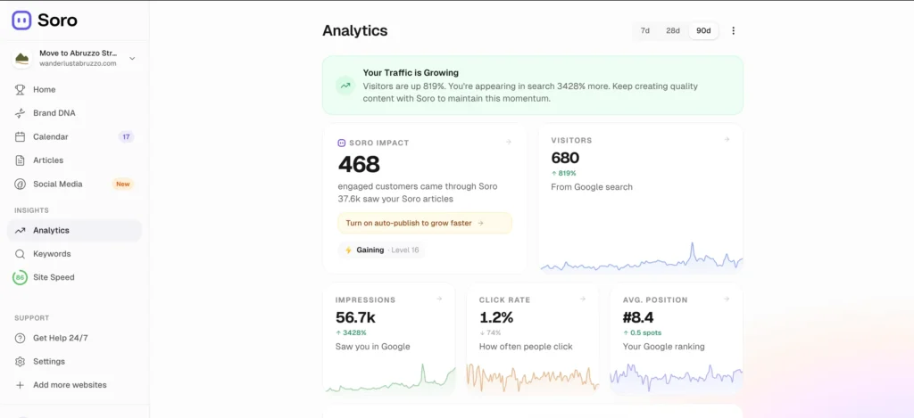 Get insights and analytics on how your blog posts are performing after writing them automatically with AI using Soro SEO