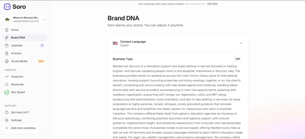 Create blog posts with your tone of voice and brand information with the Brand DNA feature of Soro SEO