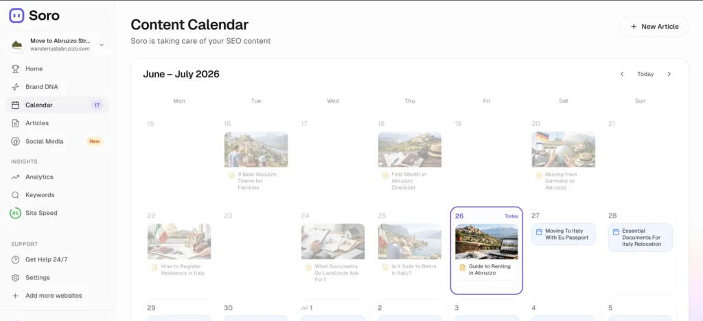 Create a content calendar for your blog articles automatically with AI using Soro SEO to rank on Google and AI citations