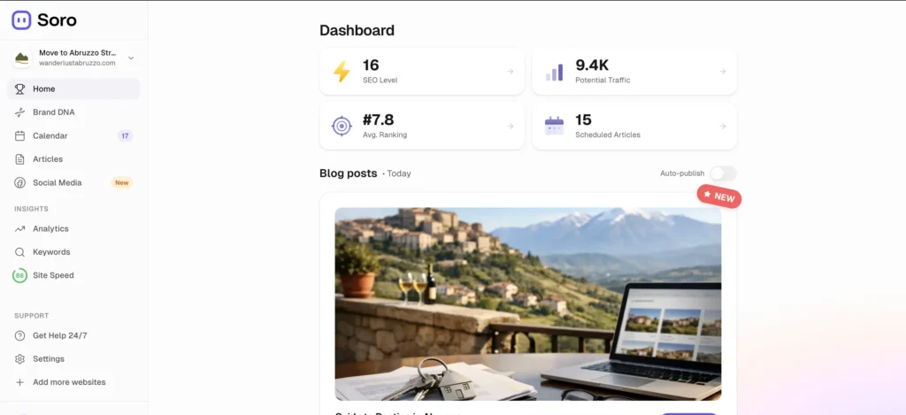 Dashboard of Soro SEO account for managing your blog posts automatically with Ai