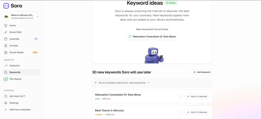 Keyword research tool included with Soro SEO